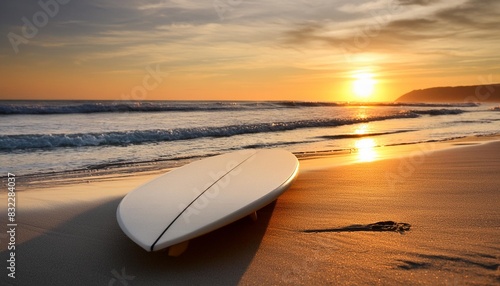surfboard on the beach at sunset
