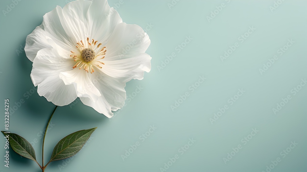 white paper flower with copy space isolated on mint background white paper flower with copy space isolated on mint background