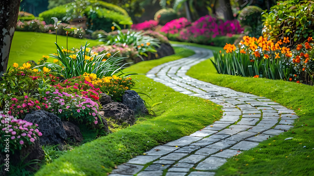 peaceful green garden with winding pathway and blooming flowers peaceful green garden with winding pathway and blooming flowers