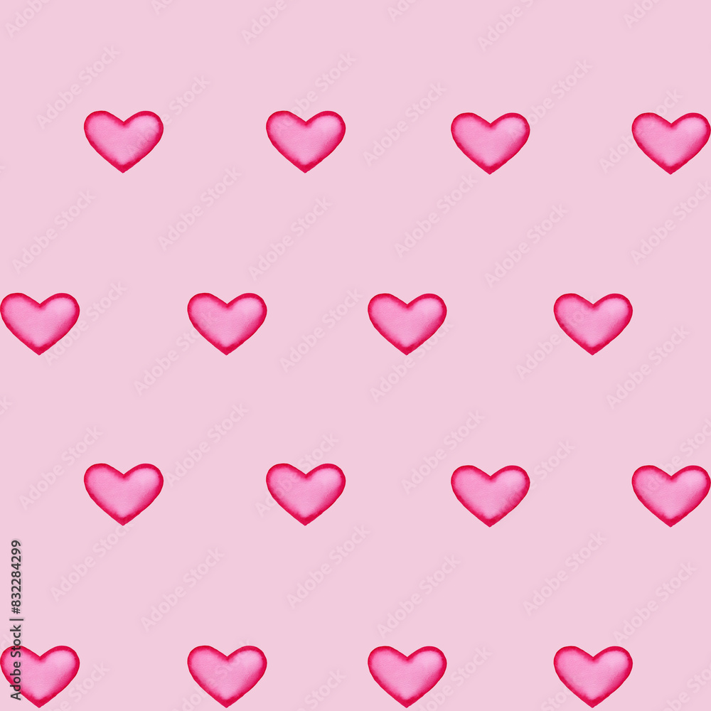 Seamless pattern with hand painted pink hearts, isolated on pink background. Handmade watercolor illustration for wrapping paper, fabric, textile Seamless pattern with hand painted pink hearts, isolated on pink background. Handmade watercolor illustration for wrapping paper, fabric, textile