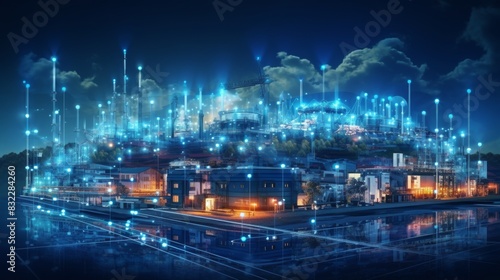 Modern factory  communication network. Telecommunication. IoT  Internet of Things  ICT  Information communication Technology . Smart factory. Digital transformation  cloud connecting  generate by AI