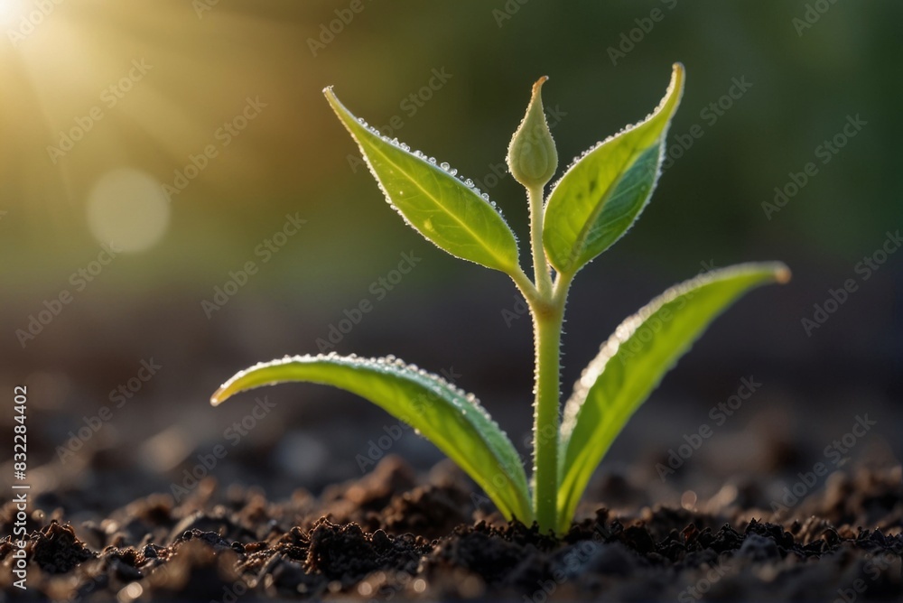 A green sprout grows from the ground, the concept of a new life. A green sprout grows from the ground, the concept of a new life.