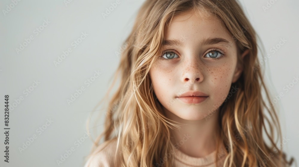 portrait of a beautiful young caucasian white American model teen girl looking forward. child ad with copy space, children, beauty, pretty portrait of a beautiful young caucasian white American model teen girl looking forward. child ad with copy space, children, beauty, pretty