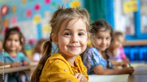 primary elementary school group of children studying in the classroom. learning and sitting at the desk. young cute kids smiling, high quality photo