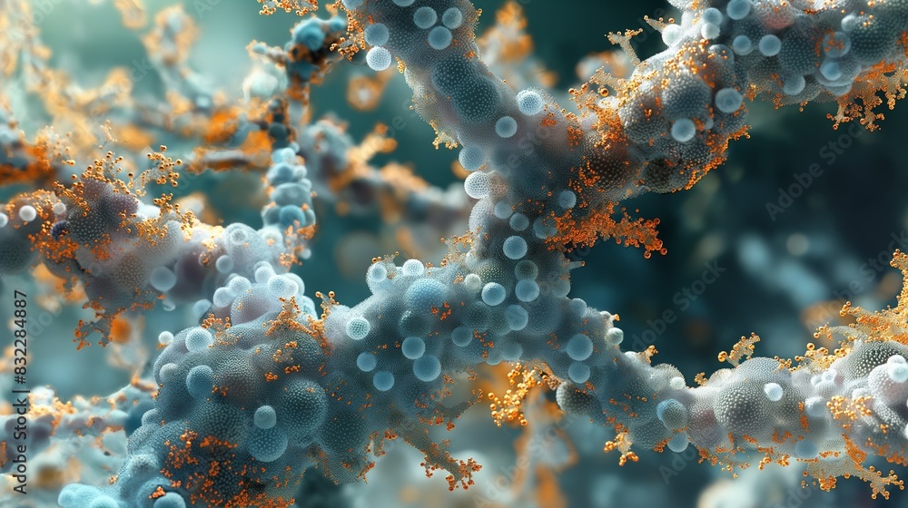 Fototapeta premium A visualization of dendrimer nanoparticles that encapsulate drugs for precision medicine, detailing their branched, tree-like structures.