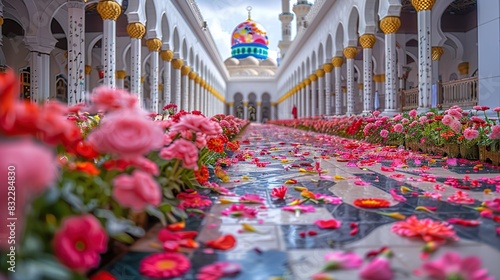 Eid Mubarak and Eid Al Adha Celebration with Mosque and Floral Decor  photo