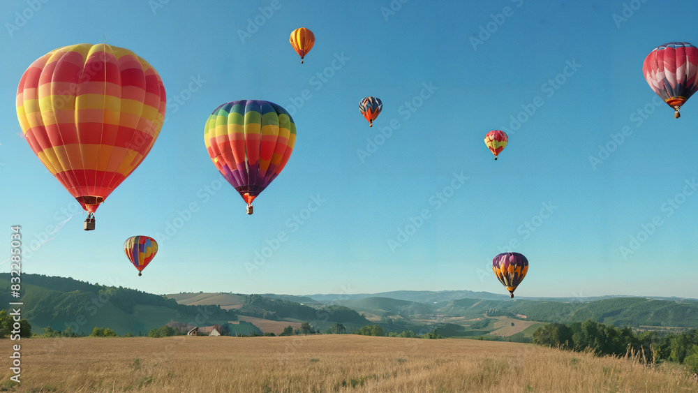 Fototapeta premium Colorful hot air balloons drifting gracefully over a picturesque landscape, with vibrant balloons against a blue sky