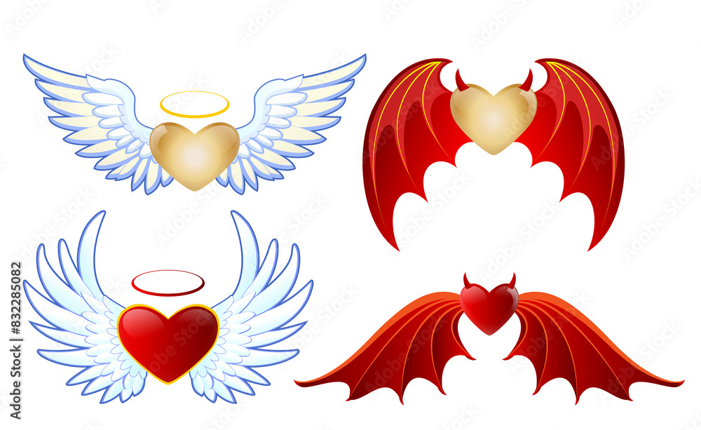 Set of Angel versus evil heart or Halloween concept isolated. 3d Illustration Set of Angel versus evil heart or Halloween concept isolated. 3d Illustration