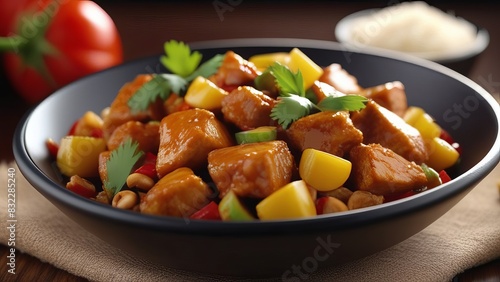 Stir-fried chicken with bell peppers and pine nuts, garnished with fresh cilantro, served in a black bowl. The colorful dish features tender chicken pieces and a savory sauce
