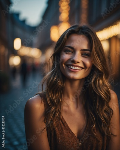 beautiful young woman on magical city smiling on camera portrait © SevenThreeSky