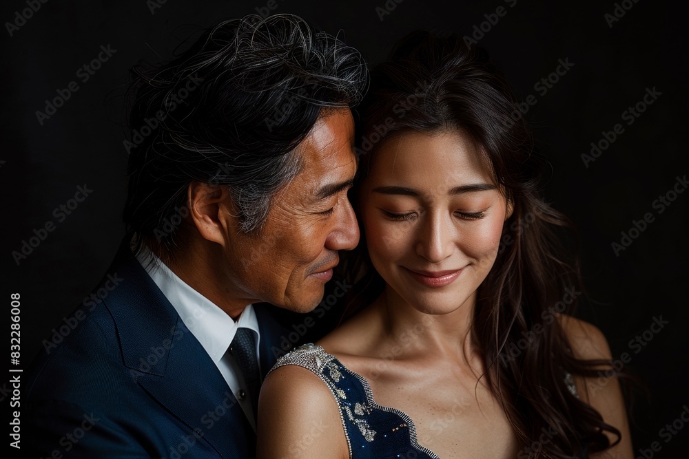 A happy couple standing close to one another, a man in a formal suit is holding a woman in his arms, isolated on black background. Pre wedding of lover shot in a studio. A happy couple standing close to one another, a man in a formal suit is holding a woman in his arms, isolated on black background. Pre wedding of lover shot in a studio.