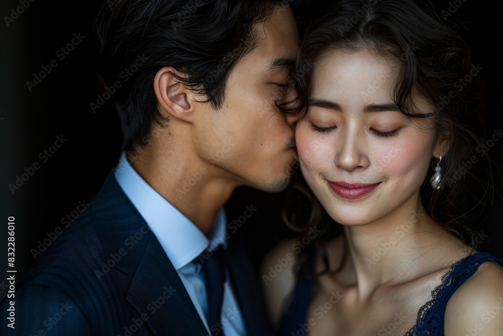 A happy couple standing close to one another, a man in a formal suit is holding a woman in his arms, isolated on black background. Pre wedding of lover shot in a studio. A happy couple standing close to one another, a man in a formal suit is holding a woman in his arms, isolated on black background. Pre wedding of lover shot in a studio.