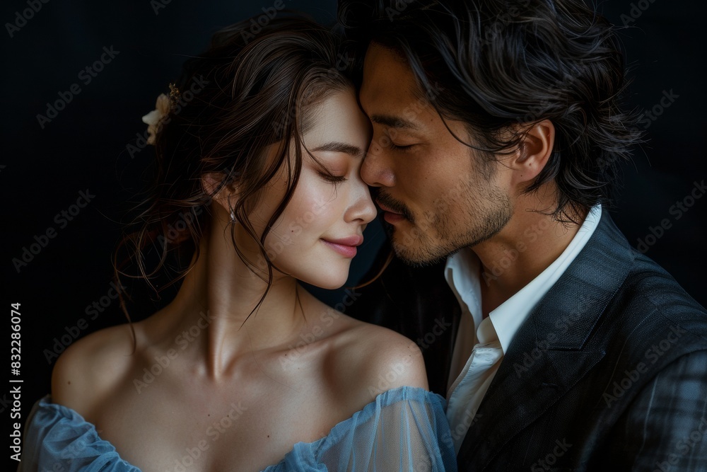 A happy couple standing close to one another, a man in a formal suit is holding a woman in his arms, isolated on black background. Pre wedding of lover shot in a studio. A happy couple standing close to one another, a man in a formal suit is holding a woman in his arms, isolated on black background. Pre wedding of lover shot in a studio.