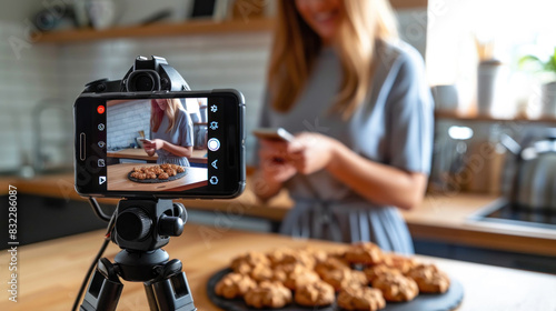 A vlogger presenting a freshly baked batch of cookies before the camera, her mobile phone on a tripod capturing her excitement and detailed explanations for her viewers.