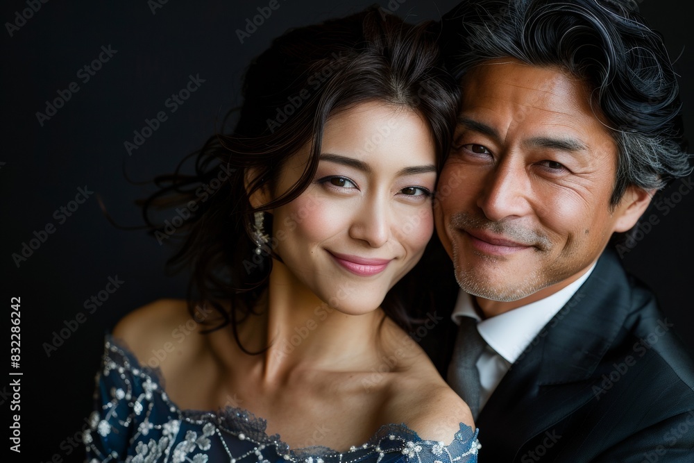 A happy couple standing close to one another, a man in a formal suit is holding a woman in his arms, isolated on black background. Pre wedding of lover shot in a studio. A happy couple standing close to one another, a man in a formal suit is holding a woman in his arms, isolated on black background. Pre wedding of lover shot in a studio.