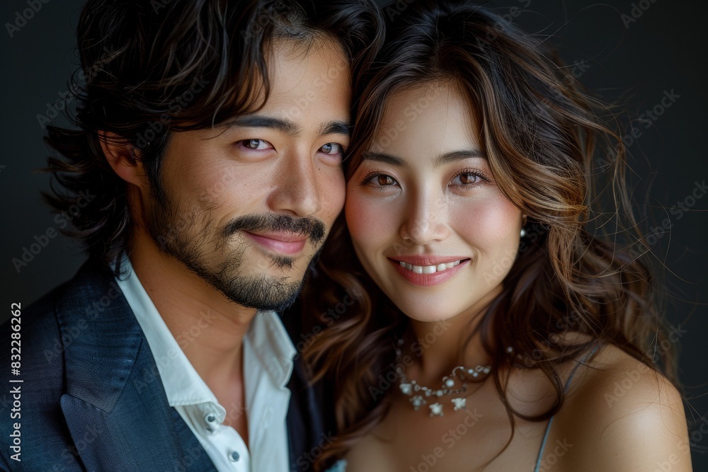 A happy couple standing close to one another, a man in a formal suit is holding a woman in his arms, isolated on black background. Pre wedding of lover shot in a studio.