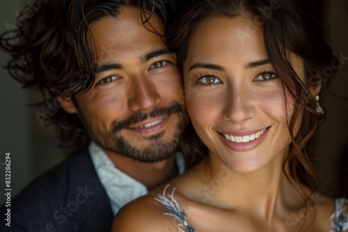 A happy couple standing close to one another, a man in a formal suit is holding a woman in his arms, isolated on black background. Pre wedding of lover shot in a studio. © Surachetsh