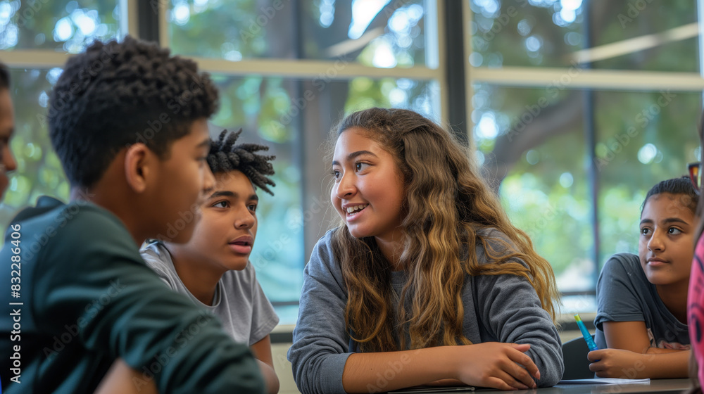 A diverse group of students engage in conversation, focused on the girl with a smile A diverse group of students engage in conversation, focused on the girl with a smile