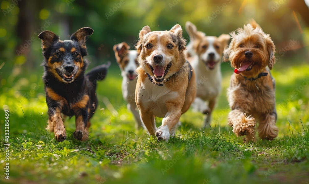 Cute funny dogs group running and playing on green grass in park Cute funny dogs group running and playing on green grass in park