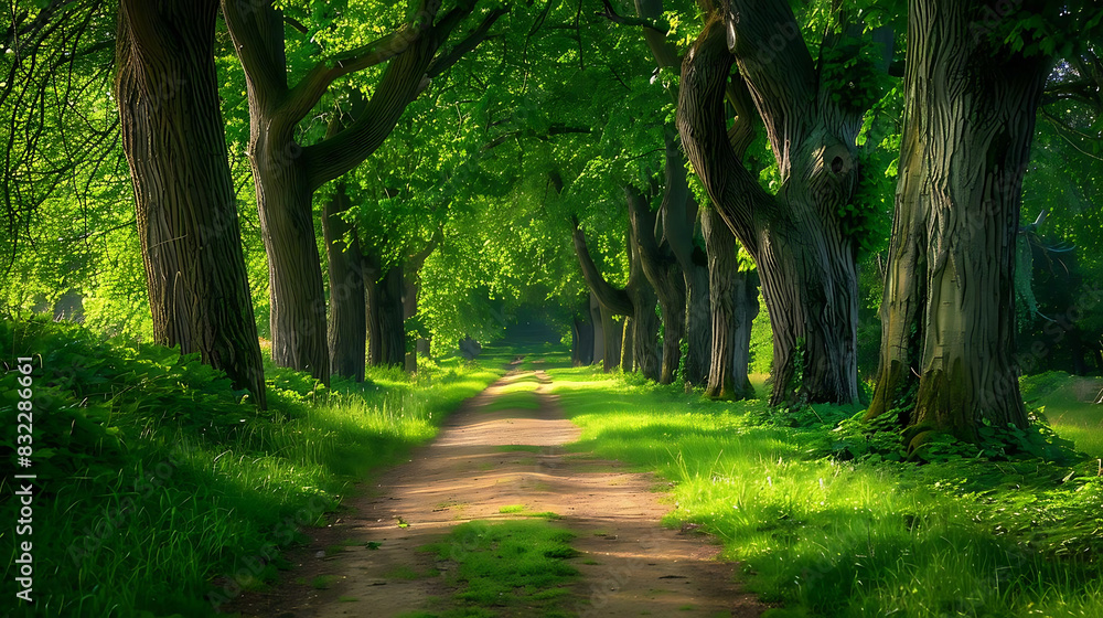 Obraz premium peaceful tree - lined path in a green woodland