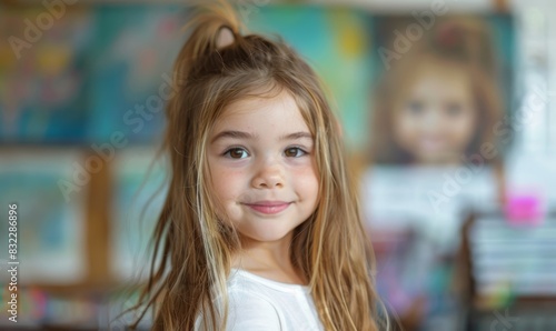 Happy little girl looking at the camera in an art and drawing class