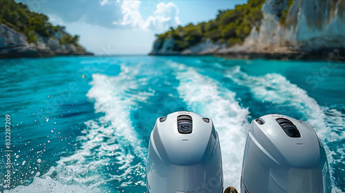 Outboard motors on speedboat creating waves in crystal clear turquoise sea