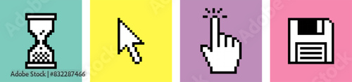 Hand click cursor. Pointer icon. Diskette or floppy disk. Set of pixels elements. UI. Y2k trendy stickers. Mood of 90's aesthetics. 8-bit retro style vector illustration. Neon colorful background