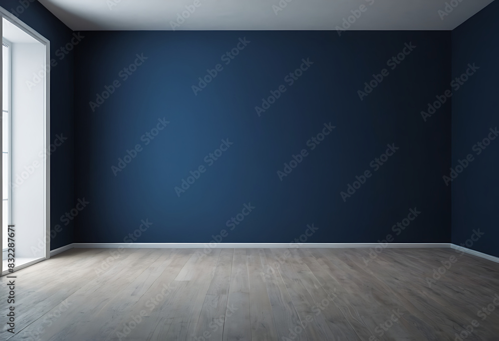 Empty room with light wood flooring and deep blue walls. Perfect for showcasing interior design, home staging, or minimalist decor. Empty room with light wood flooring and deep blue walls. Perfect for showcasing interior design, home staging, or minimalist decor.
