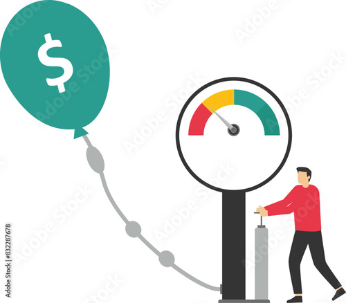 CPI, Inflation indicator, measurement of inflation. Business and economy unstable prediction with financial problems. A businessman measures inflation from larger air balloons.


