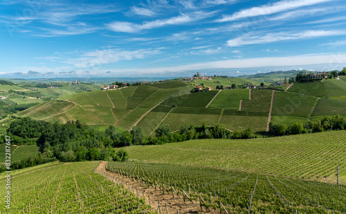 Landscape of the hills with vineyards around Serralunga di Alba in the UNESCO World Heritage Langhe, Italy, a typical Barolo wine area