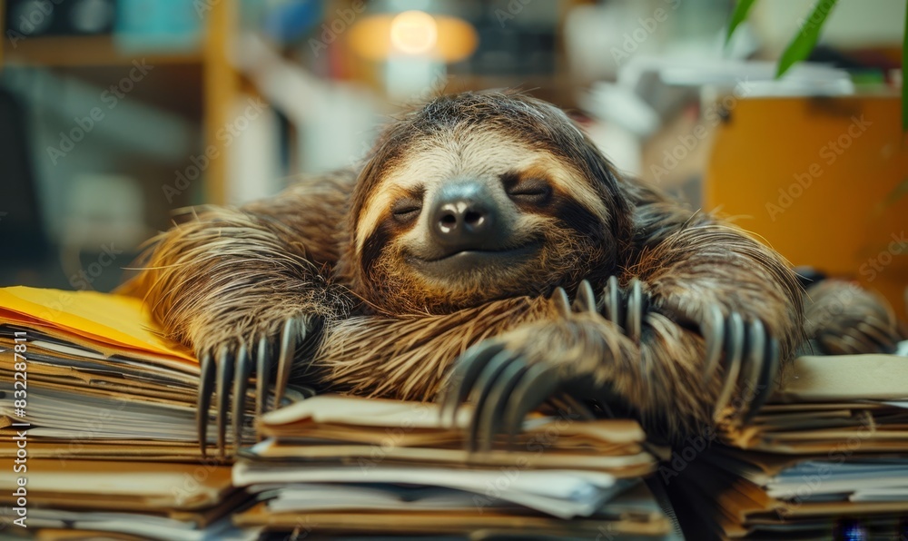 very tired sloth sleeps on lots of files in the office very tired sloth sleeps on lots of files in the office