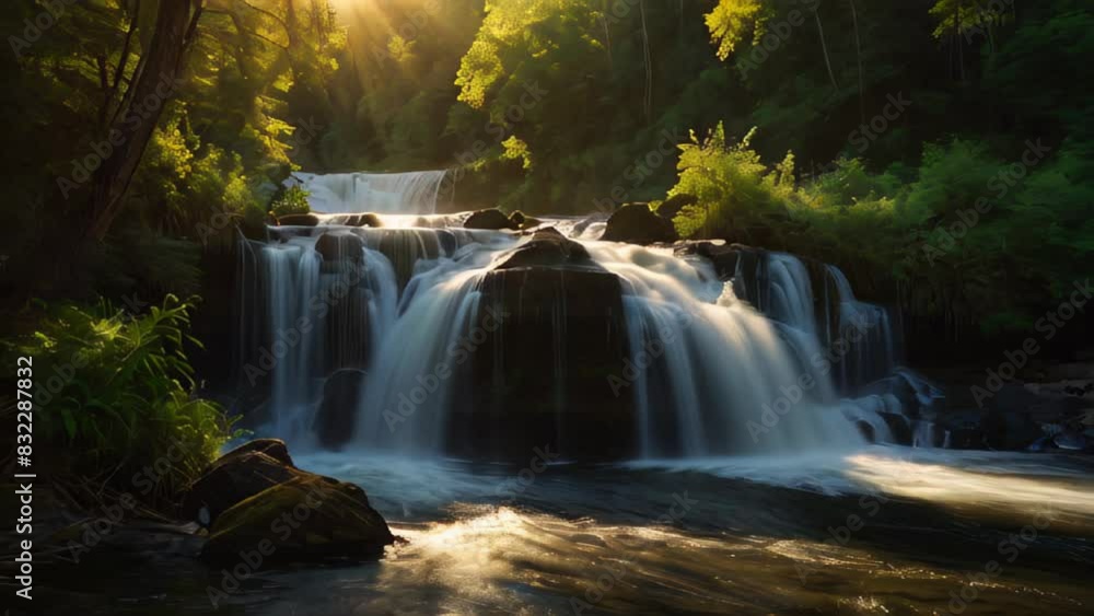 A waterfall flows into a river in a lush forest A waterfall flows into a river in a lush forest