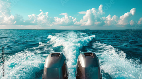 Twin boat engines creating water trails in clear blue ocean under bright sky photo