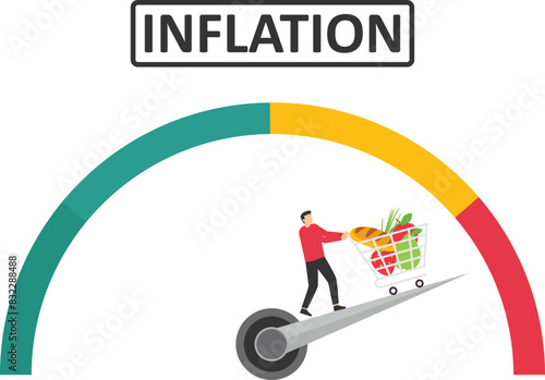 Inflation, growth of food sales, growth of market basket or consumer price index concept. Shopping basket with foods on arrow.

