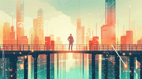 Clean  minimalist design featuring a businessman on a bridge formed by financial graphs  highlighting urban skyscrapers in the skyline  symbolizing steady growth.