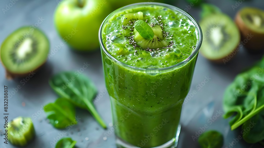 refreshing green smoothie in a glass with fresh fruits and vegetables refreshing green smoothie in a glass with fresh fruits and vegetables