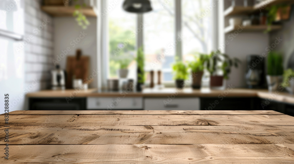 Clean wooden table surface with a blurred, modern kitchen backdrop, ideal for showcasing products, creating appealing mock-ups, or designing creative layouts. Clean wooden table surface with a blurred, modern kitchen backdrop, ideal for showcasing products, creating appealing mock-ups, or designing creative layouts.