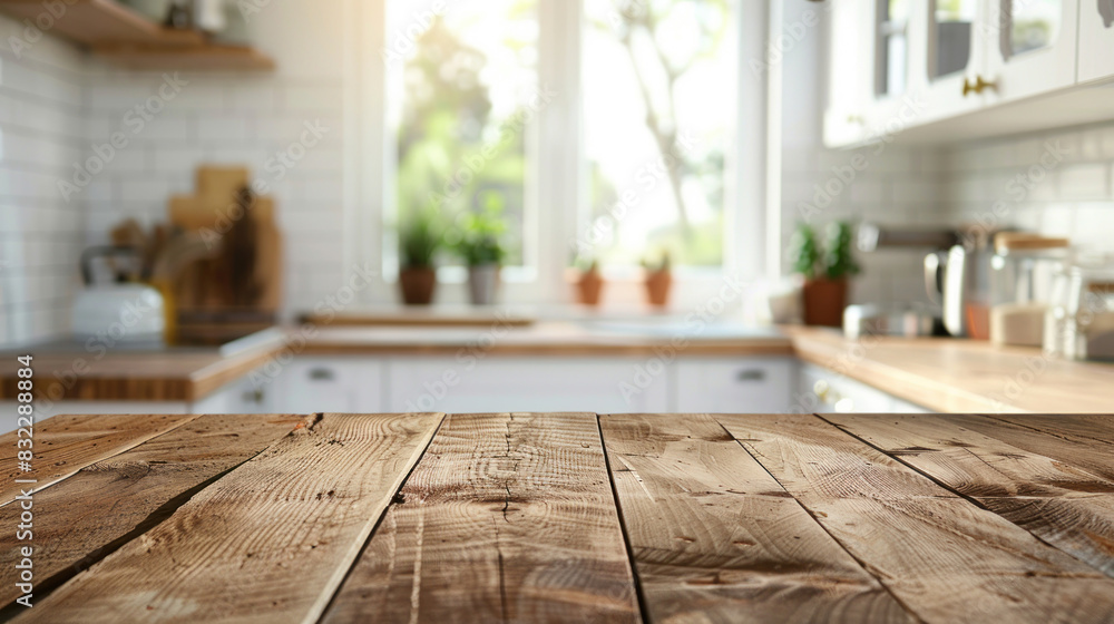 Clean wooden table surface with a blurred, modern kitchen backdrop, ideal for showcasing products, creating appealing mock-ups, or designing creative layouts.