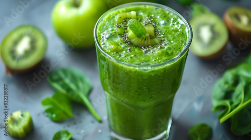 refreshing green smoothie in a glass with fresh fruits and vegetables