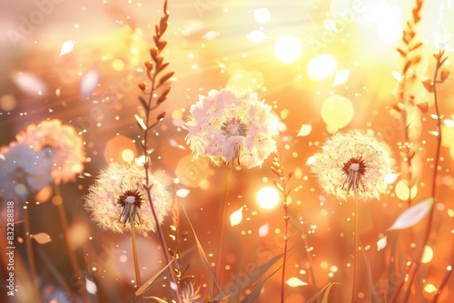 In the evening, dandelions and grasses depicted in a serene anime style, showcasing vibrant colors and gentle lighting.