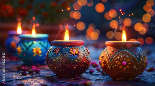 Colorful clay lamps with glowing flames creating joyful festive scene © rorozoa