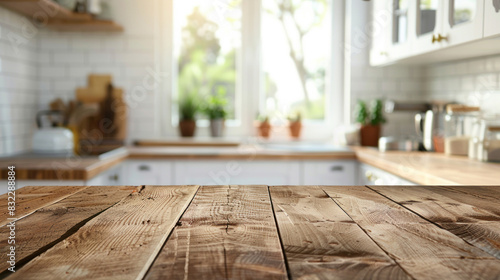Clean wooden table surface with a blurred, modern kitchen backdrop, ideal for showcasing products, creating appealing mock-ups, or designing creative layouts. photo