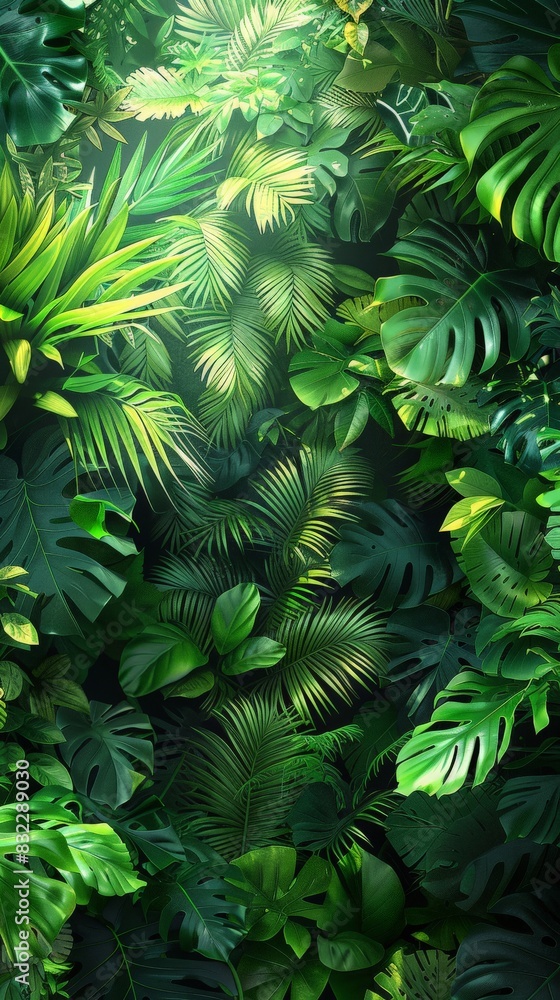 A digital artwork capturing the essence of tropical foliage. The dense leaves and vibrant greens create a rich and inviting scene, ideal for depicting the lush vegetation of a tropical landscape. A digital artwork capturing the essence of tropical foliage. The dense leaves and vibrant greens create a rich and inviting scene, ideal for depicting the lush vegetation of a tropical landscape.