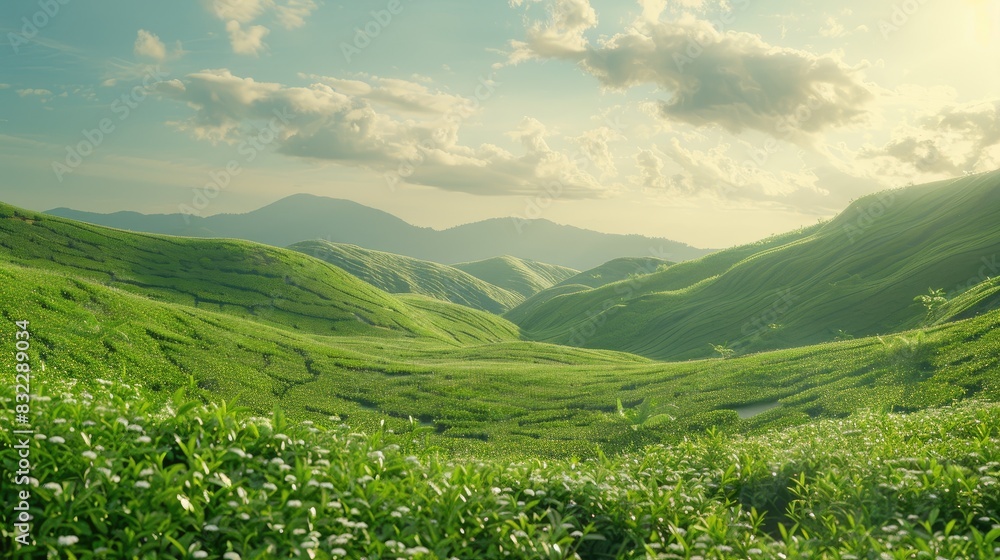 a tea plantation, where verdant rows of tea bushes stretch endlessly towards the horizon, offering a captivating backdrop for showcasing your product.