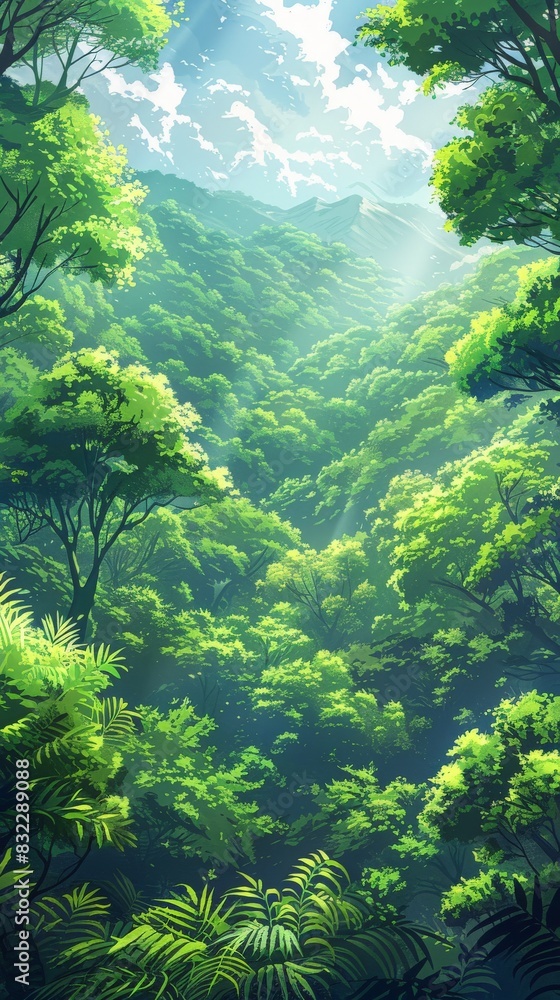 Obraz premium A minimalist digital artwork featuring a lush greenery landscape, with dense forest canopies and vibrant green foliage. The scene showcases the beauty of nature in a simplified illustration style,