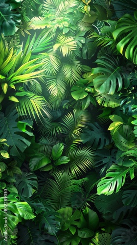 A digital artwork capturing the essence of tropical foliage. The dense leaves and vibrant greens create a rich and inviting scene  ideal for depicting the lush vegetation of a tropical landscape.