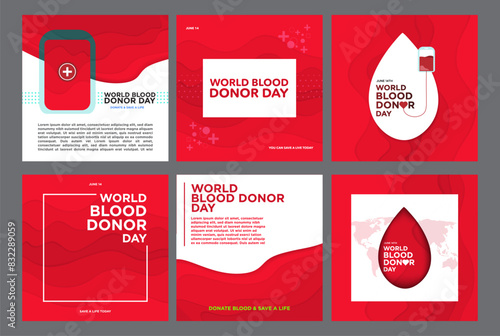 Set of 6 World Blood Donor Day Social media Template Collection. Square Format. June 14. Paper craft red waves. Blood drop. Transfusion bag. Vector Illustration, editable. Isolated. Abstract.
