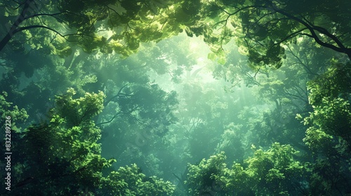 An illustration of a dense forest with a canopy of green leaves. The minimalist style emphasizes the natural beauty and peacefulness of the forest, making it suitable for a variety of stock photo photo