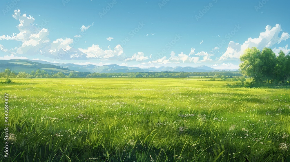 An illustration of grassy plains, with a focus on the simplicity and beauty of the natural landscape. The minimalist digital artwork showcases the richness of the greenery and the calmness of the
