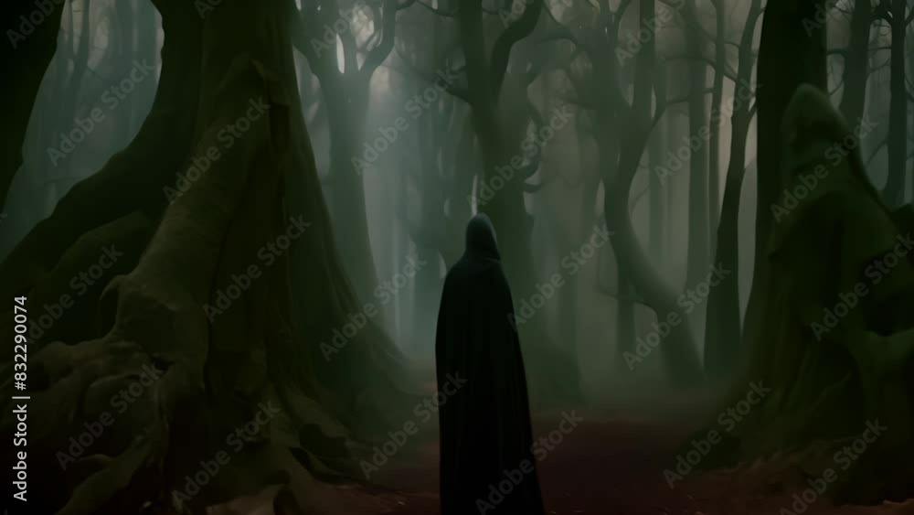 Person wearing black cloak is walking through a forest with trees that are covered in moss. Halloween and horror concept.Scene is mysterious and eerie Person wearing black cloak is walking through a forest with trees that are covered in moss. Halloween and horror concept.Scene is mysterious and eerie